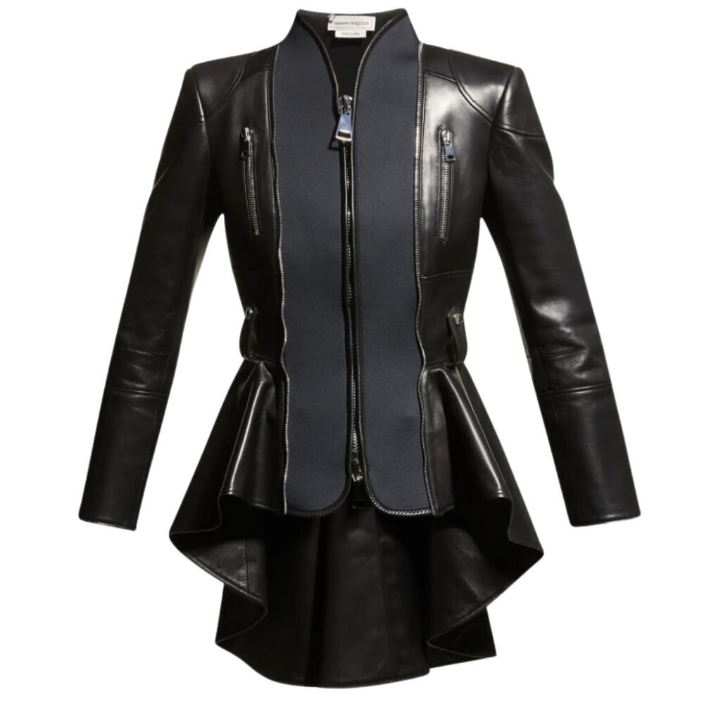 Alexander McQueen High-Low Peplum Leather Jacket w/ Scuba Inserts 44IT BNWT